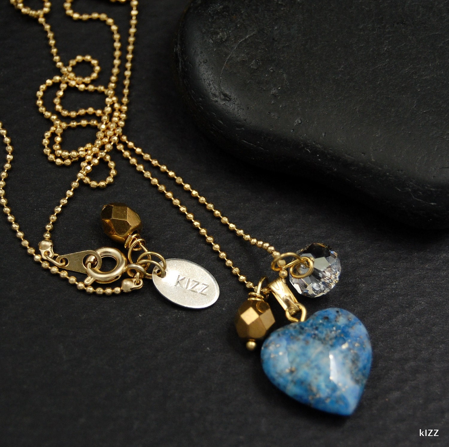 Lapis Heart Charm & Crystal Gold Chain Necklace