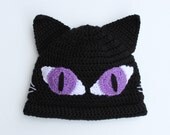 Black Crocheted Moonlight Cat with Purple Eyes Beanie Hat - newborn - Adult - Made To Order