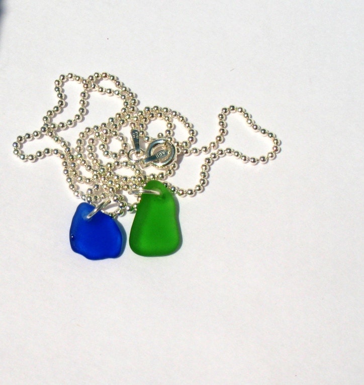 Cobalt and Kelly Green Sea Glass Necklace on Sterling Silver