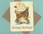 Cat Birthday Card, Vintage Style Birthday Card, Victorian Cat, Circus Clown Hat