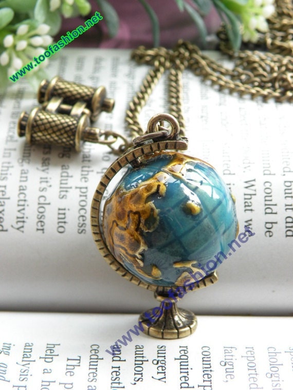 Pretty retro copper glaze rotating globe tellurion with telescope necklace pendant jewelry vintage style