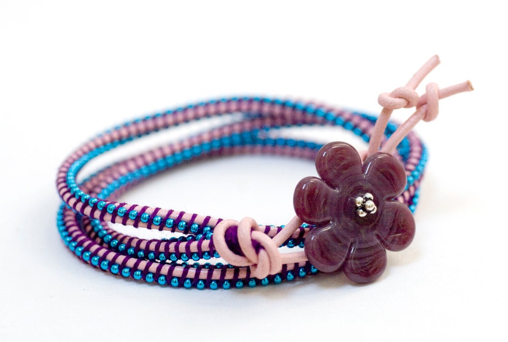 Triple Wrap Pink Leather Blue Metal Bracelet Handmade Purple Flower Glass Bead