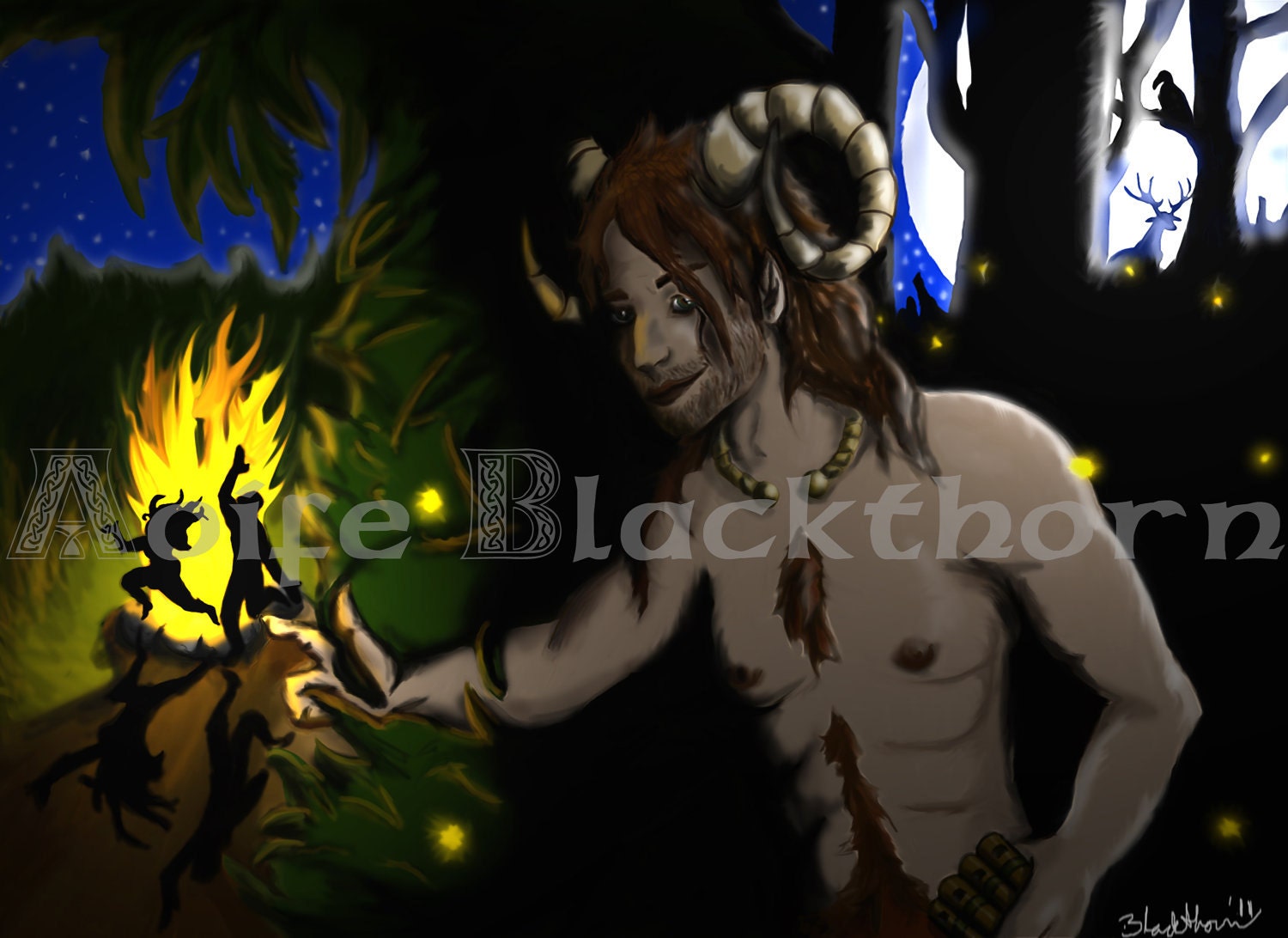 By the Light of the Moon - 22x16 - original artwork of the horned god and celebrants at the full moon
