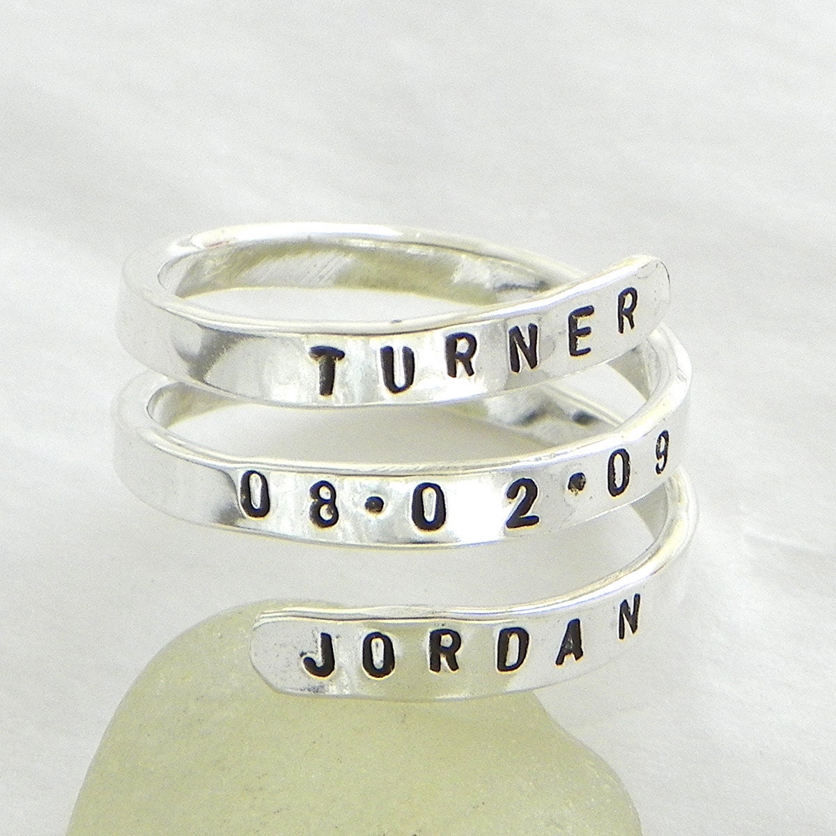 Hand stamped and personalized sterling silver spiral ring