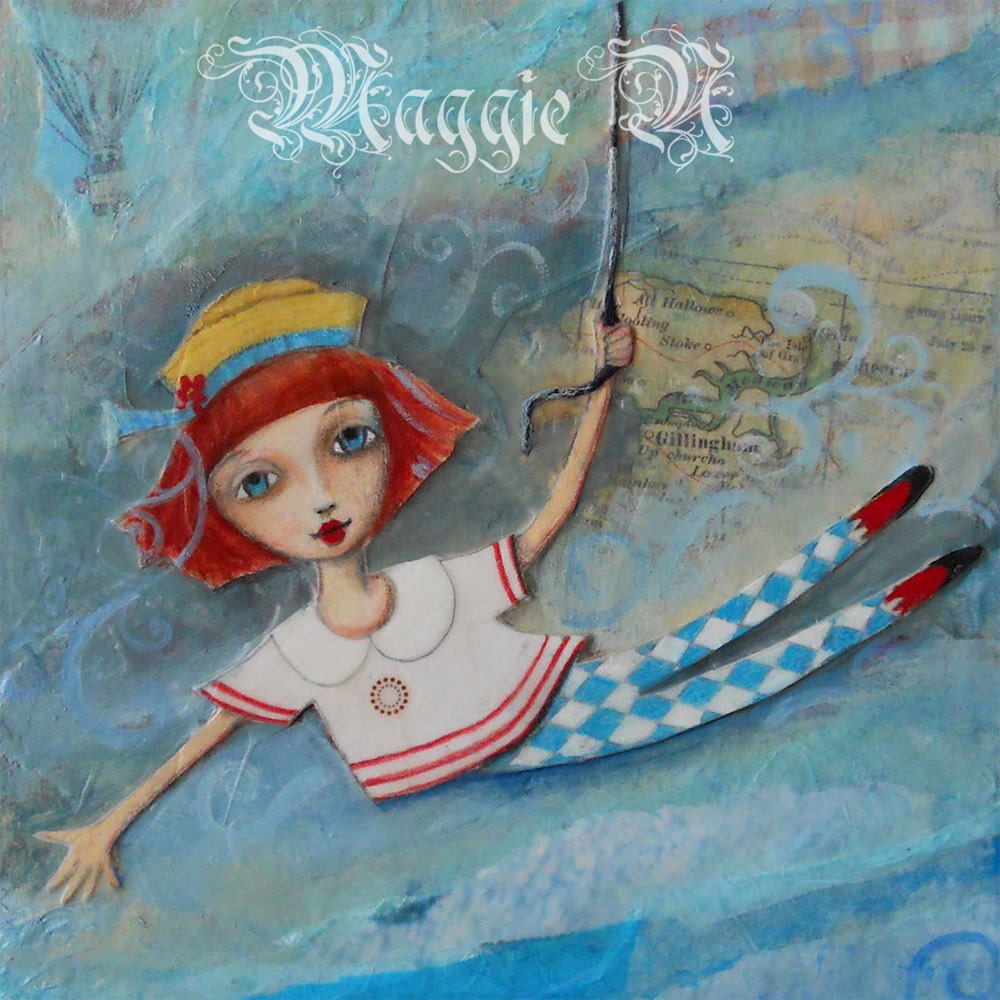 Floating Girl with Her Cat Balloon - Mixed Media Original - Sailing Away