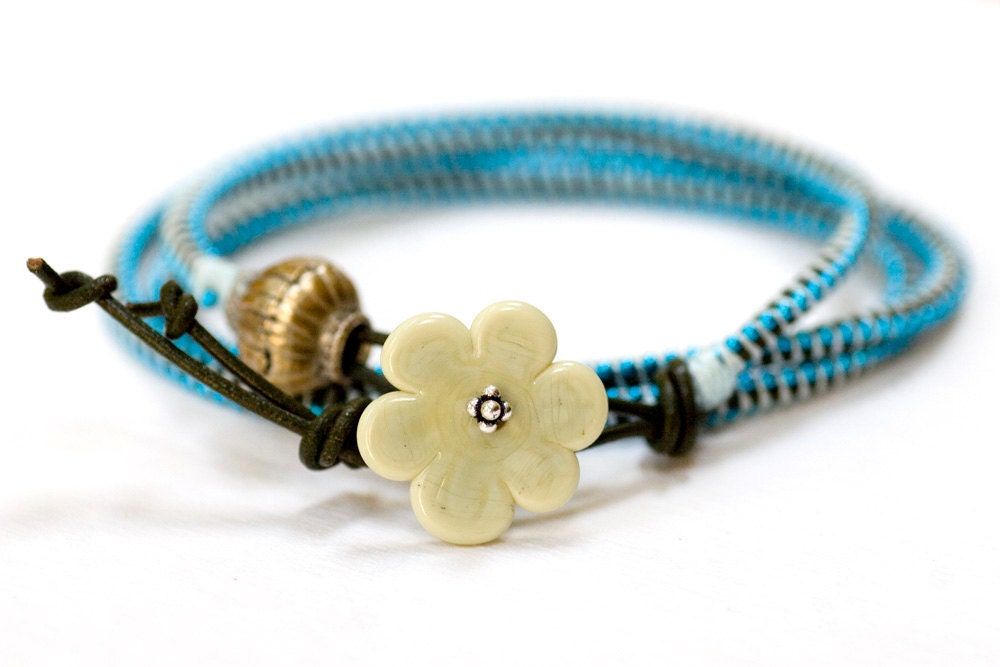 Triple Wrap Olive Green Leather Blue Metal Bracelet Handmade Flower Glass Bead Medium Size
