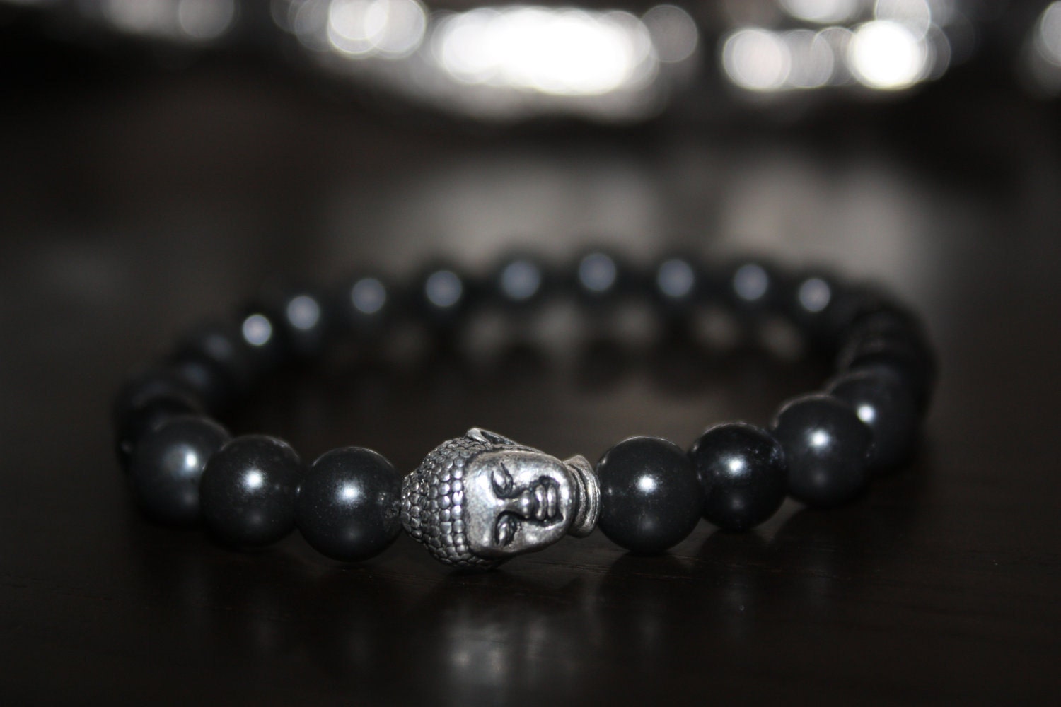 Men's Beaded Bracelet with Black Onyx Semi Precious Gemstones and Silver Buddha Head