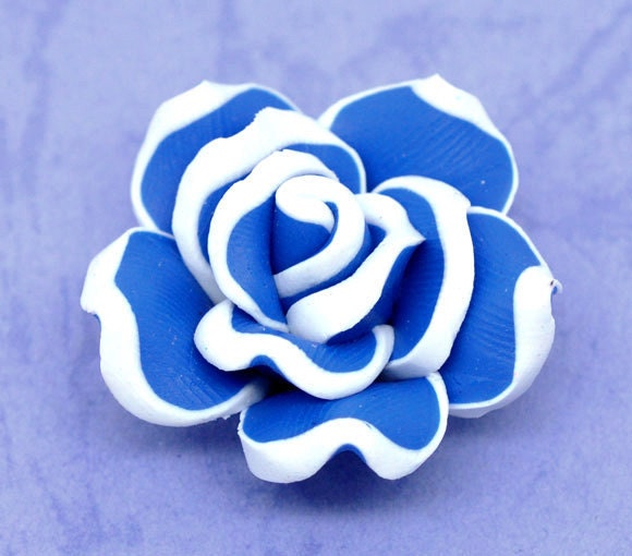 2 Medium BLUE and WHITE Polymer Clay Rose Flower Beads