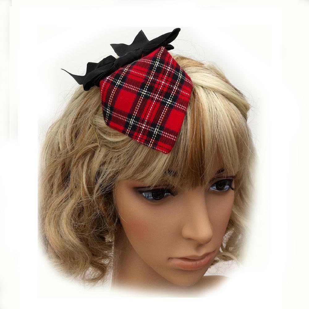Handmade Red and Black Plaid Mini Fascinator with Black Satin Bow Cadet Style for Girls, Women, or Teens