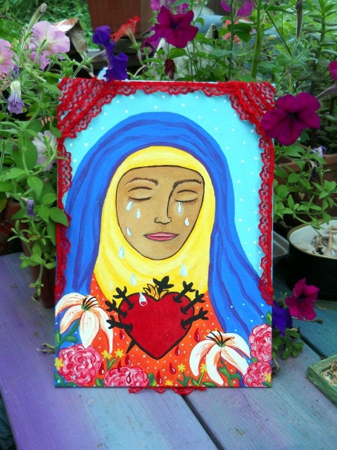 Mater Dolorosa Our Sorrowful  Mother Our Lady of Sorrows Original Folk Art Style Painting With Real Lace Curtains