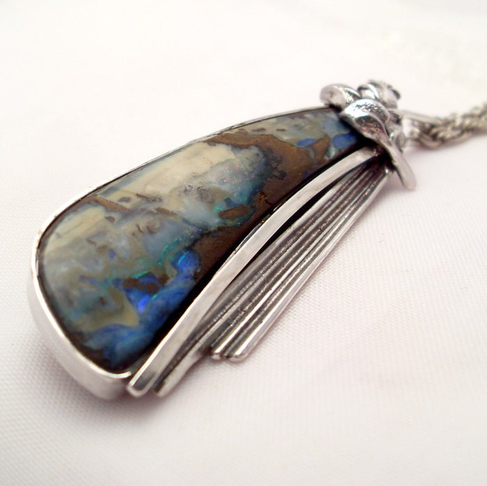 Australian Opal Pendant - Boulder Opal Stone Pendant in Sterling Silver