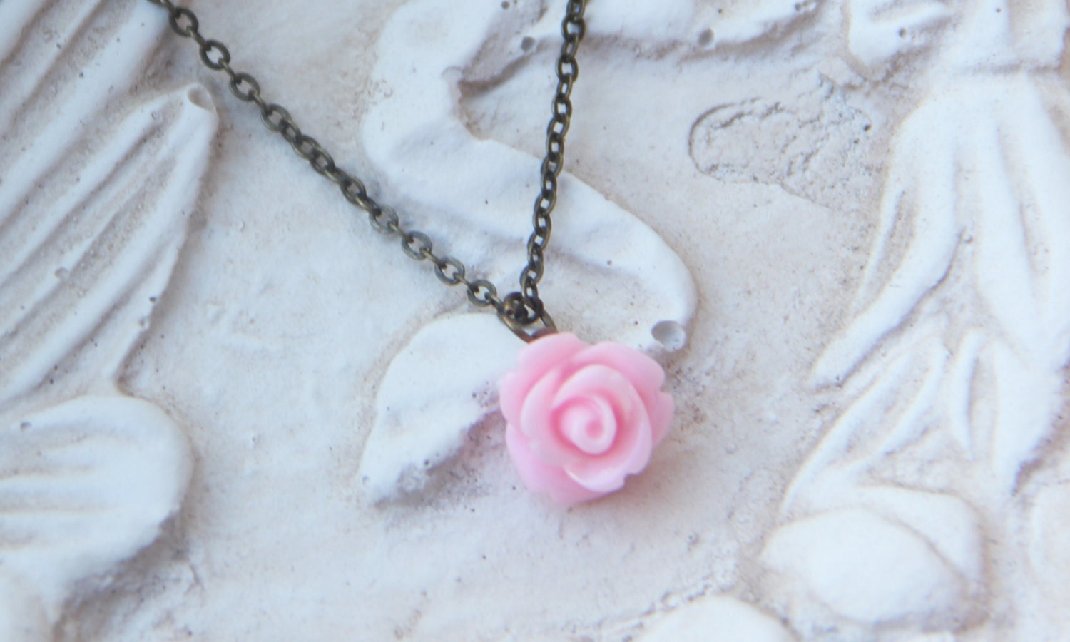 Pink Rose pendant antique brass necklace