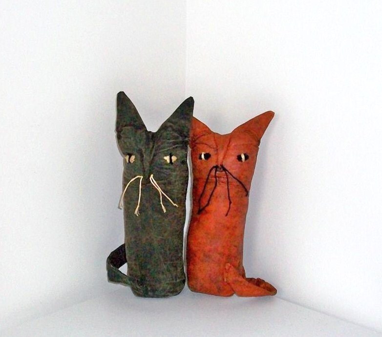Primitive Folk Art Halloween Orange and Black Cat Dolls