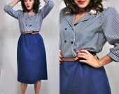 Vintage Blue and White Striped Nautical Size 12 Sailor Dress / 1980s Dress 1940s Style Dress