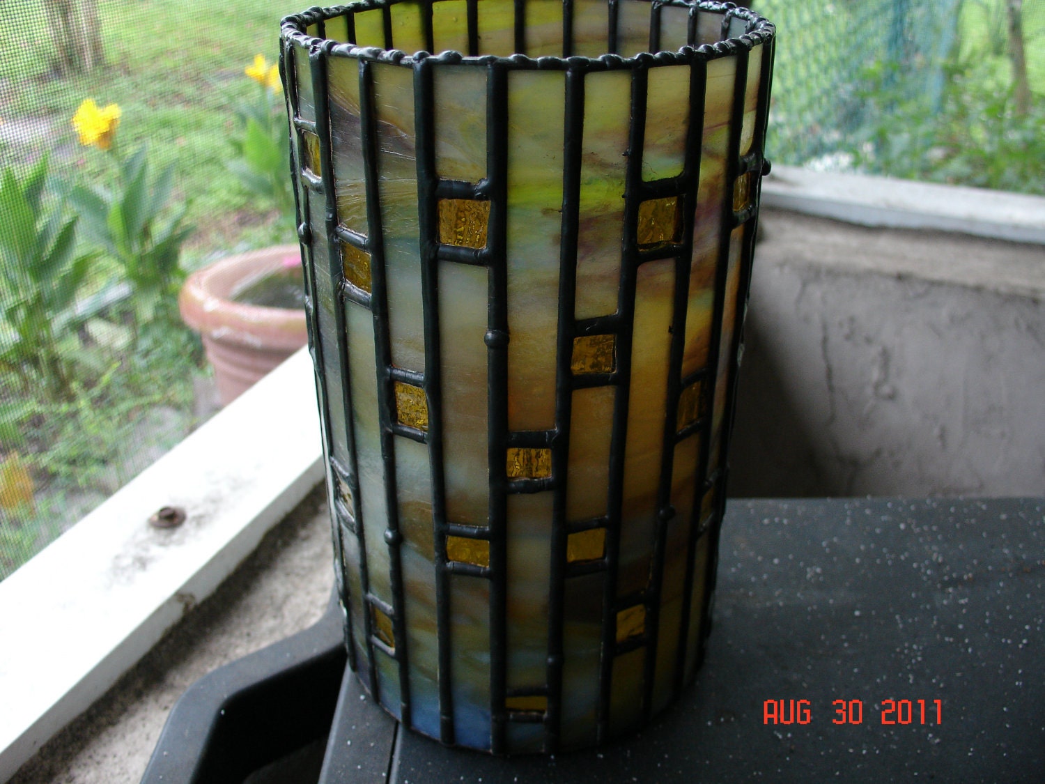 Picture Window Vase or Candle Holder in Stained Glass