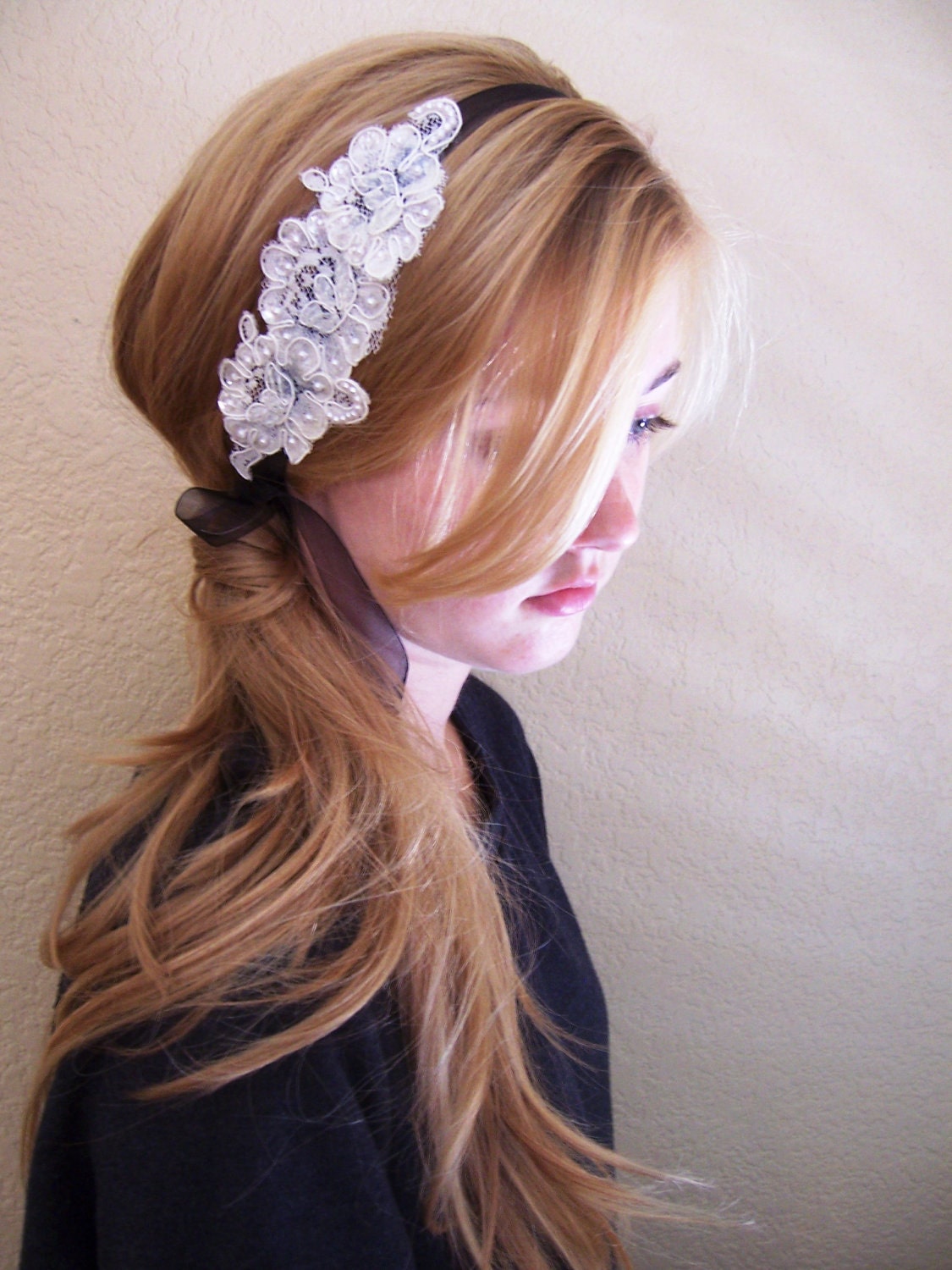 Ivory and Black Lace Headband