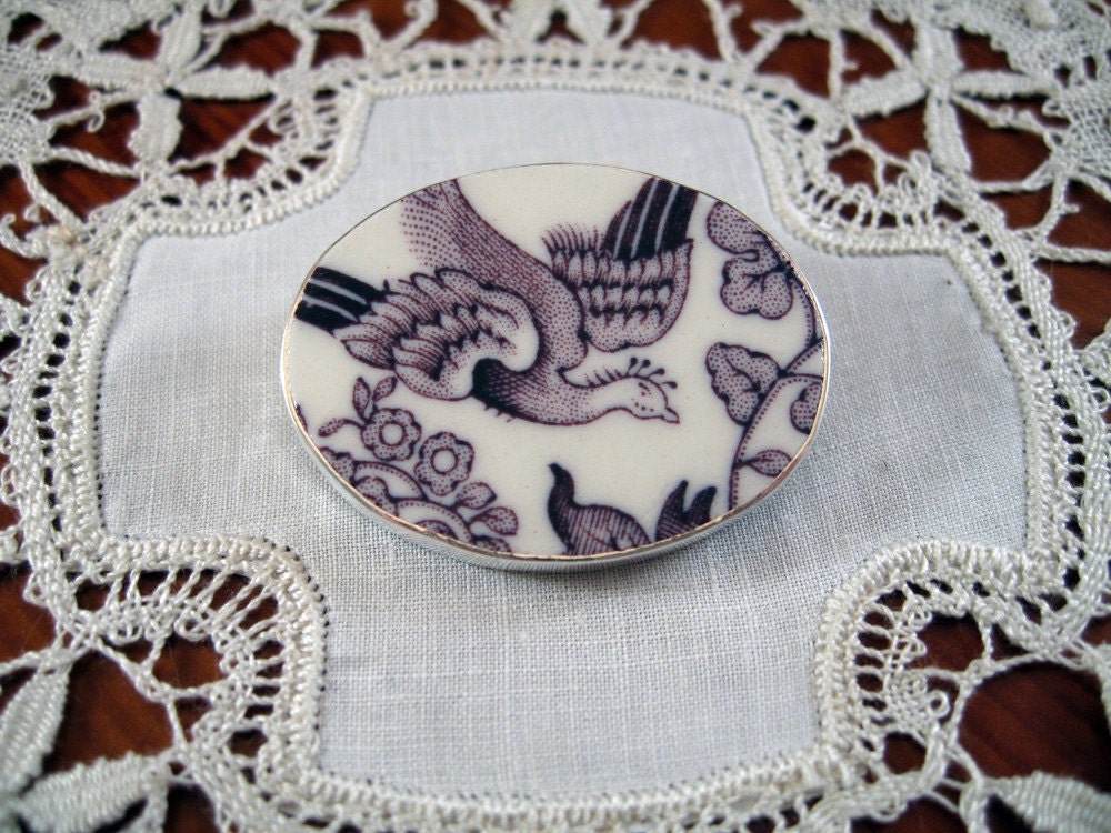 Purple and White Broken China and Sterling Pin - Shabby Chic