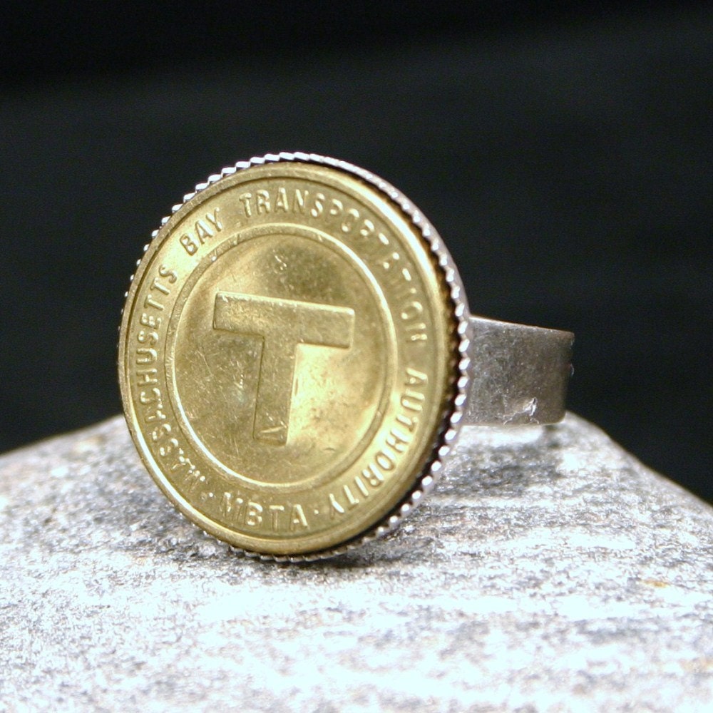 Muggers, Lovers & Thieves ... Boston Massachusetts Subway MBTA T Token ... Adjustable Cocktail Ring