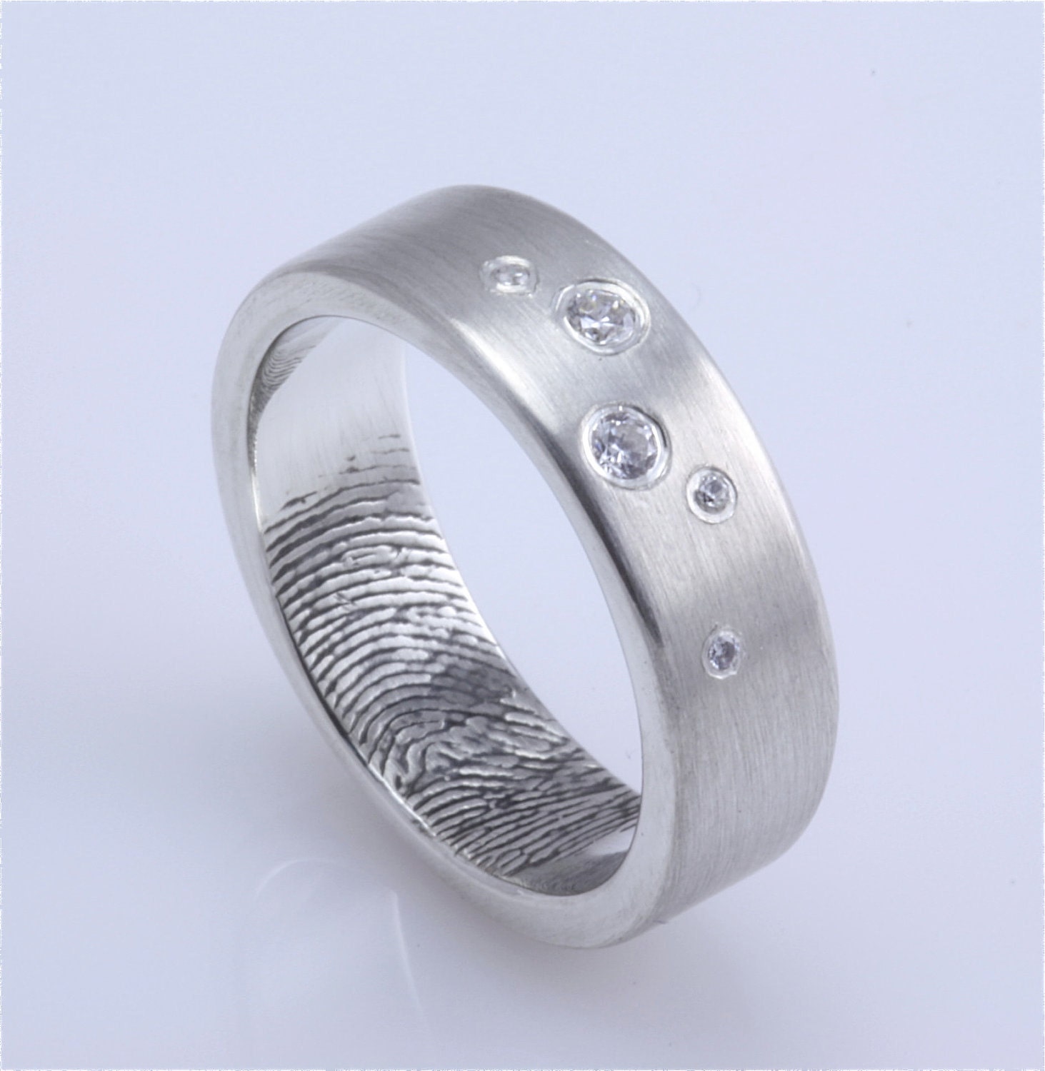 Scattered Diamonds Custom Fingerprint Wedding/Commitment Band in Sterling Silver with Single Fingertip Whorl Print on the Interior