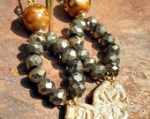 Sparkle Nights, 14K Gold filled, Pyrite, faceted Pearls, and Bronze Clay earrings, ThePurpleLilyDesigns