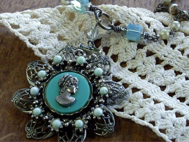 Necklace Aqua Cameo Vintage Assemblage She's Got The Blues