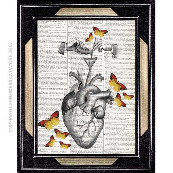 Dictionary print RECIPE for HAPPINESS 3 anatomical heart art print on dictionary page upcycled book page art print, yellow black