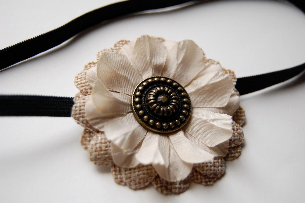 Vintage Inspired Burlap and Fabric Flower Infant Headband (6-12 months)