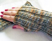 Fingerless Gloves Hand Knit, Hand Warmers Soft Merino Wool, Beige Aqua Gold Tuscan Sunrise