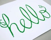 Linocut Print Block Print Poster -Hello - Emerald Green - 8 x 10 inches Cursive Typography Print