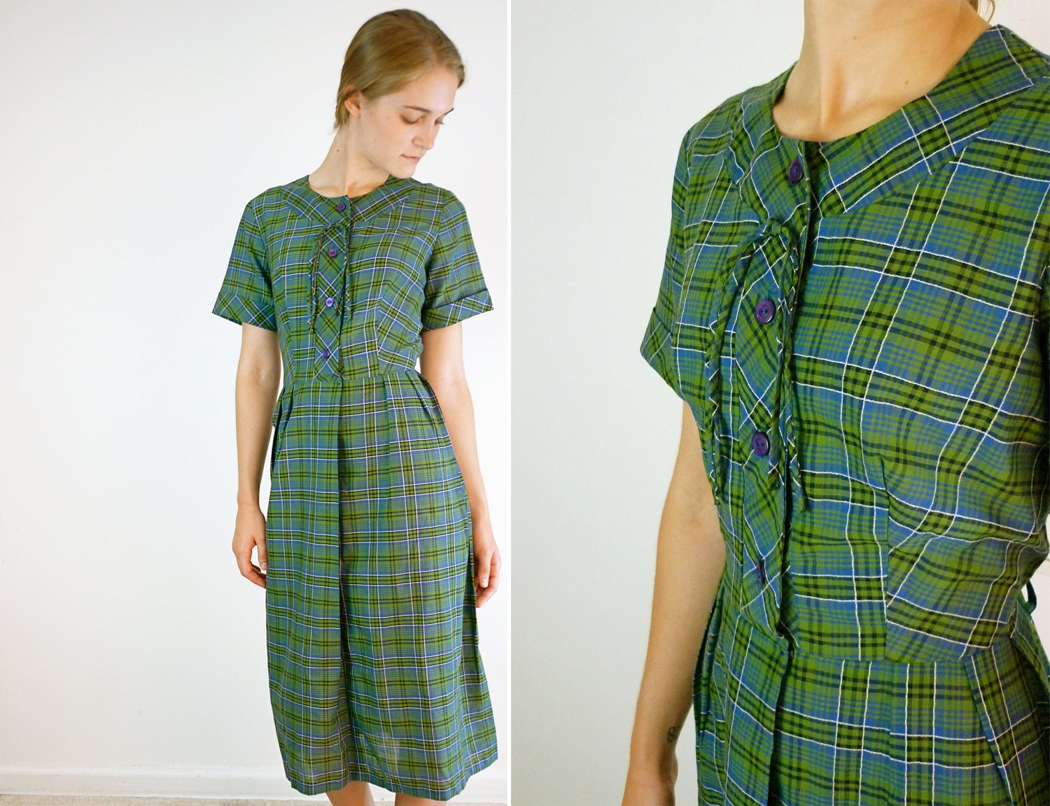 1950s Dress / 50s Plaid Shirtdress / XL 1950s Dress
