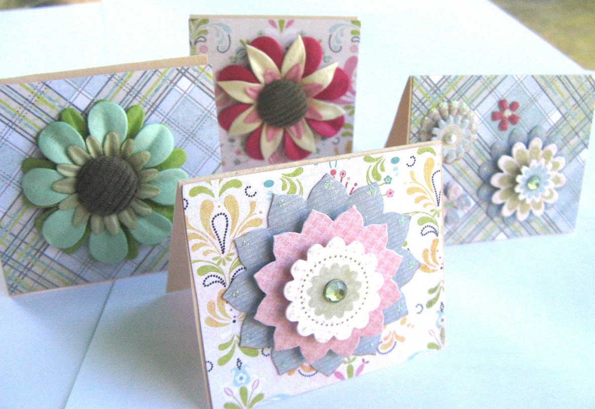 Mini  Note Cards - Floral on Pastels and Plaid - Set of four
