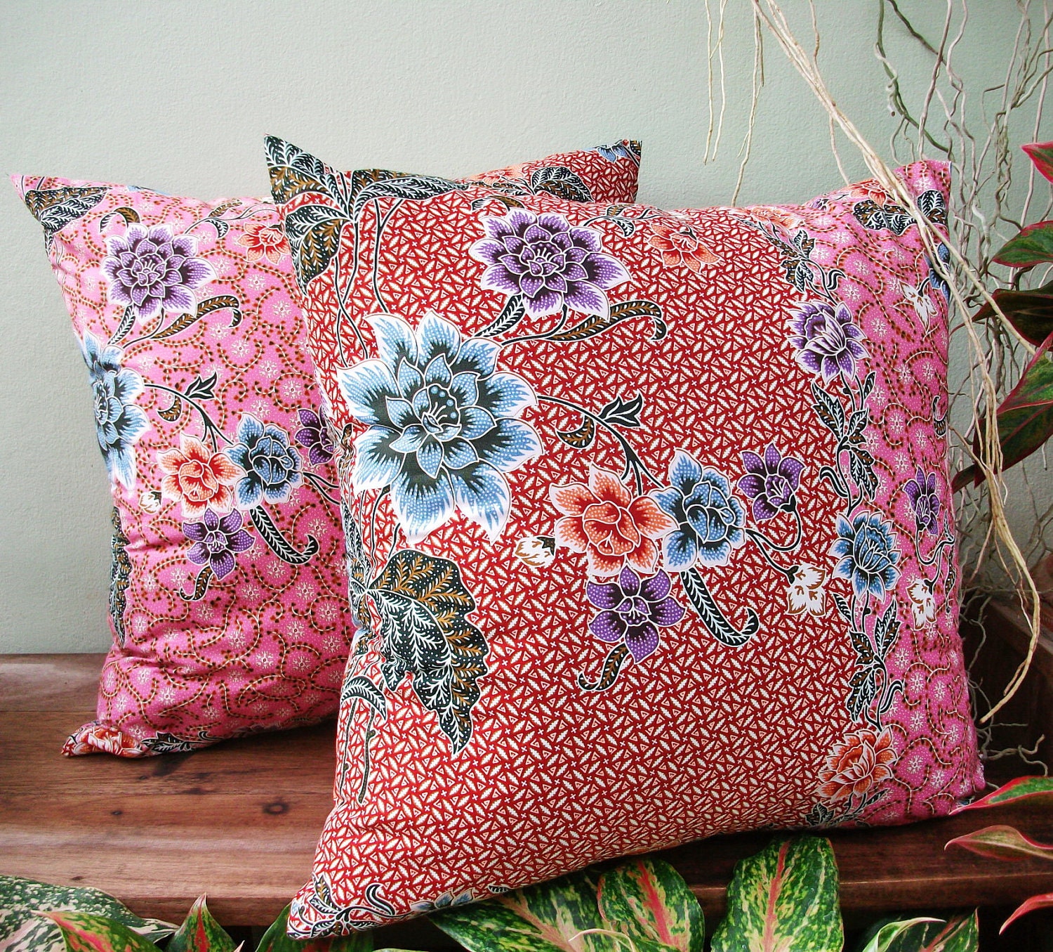 Pink Red Floral Authentic Javanese Batik sofa Throw decorative pillow cushion covers 18 inches