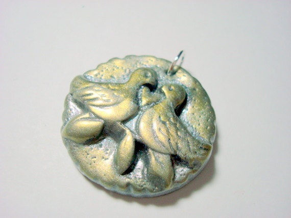 Silver and Interference Gold Lovebird Polymer Clay Pendant or Charm