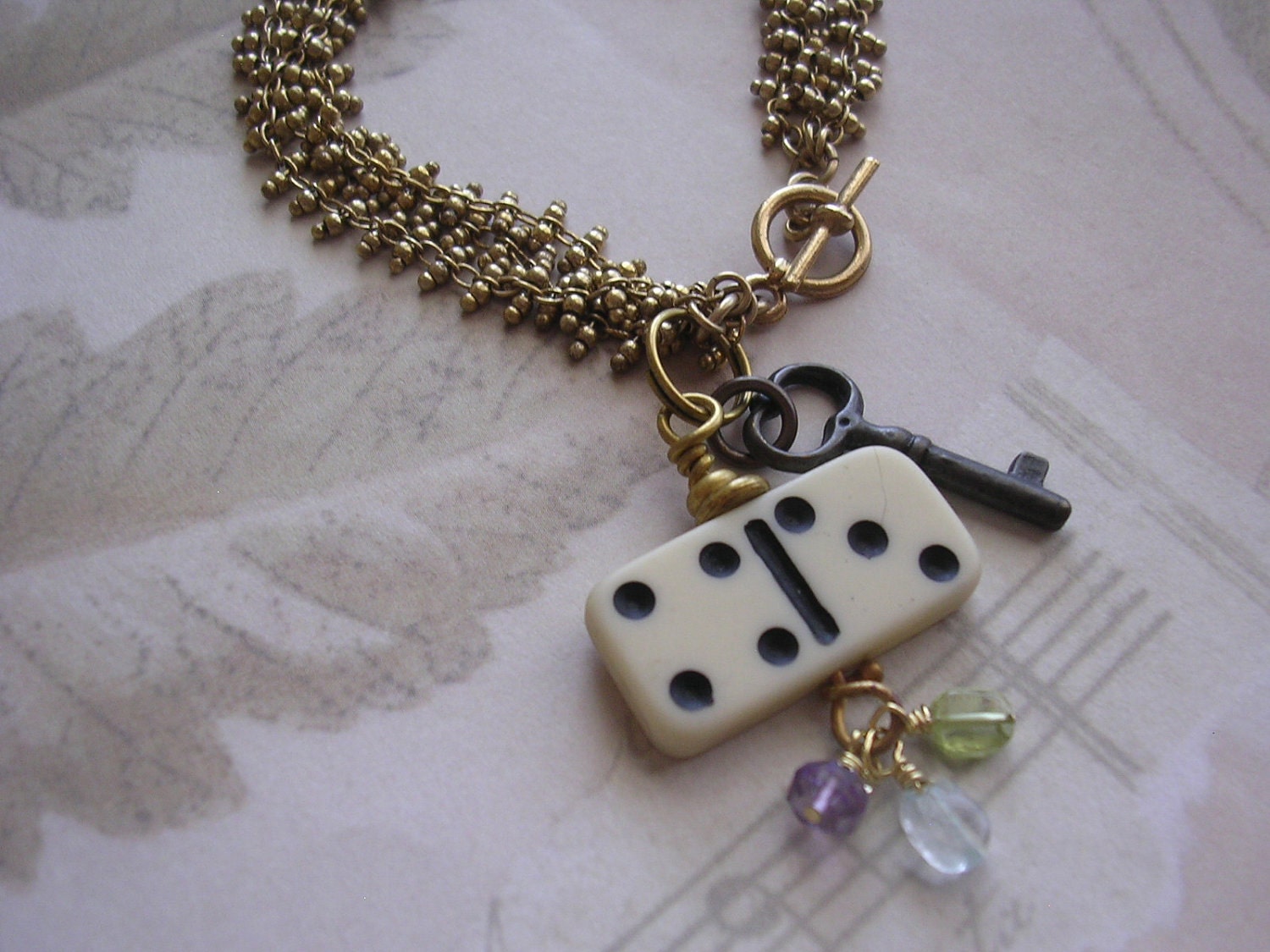 Gold Multi Chain Bracelet, Domino, Key, Gemstone Charms