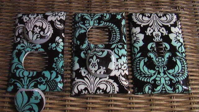 Damask Teal and White on Black Light Switch Toggle Cover Plate and 3 Outlets Set includes child safety plugs