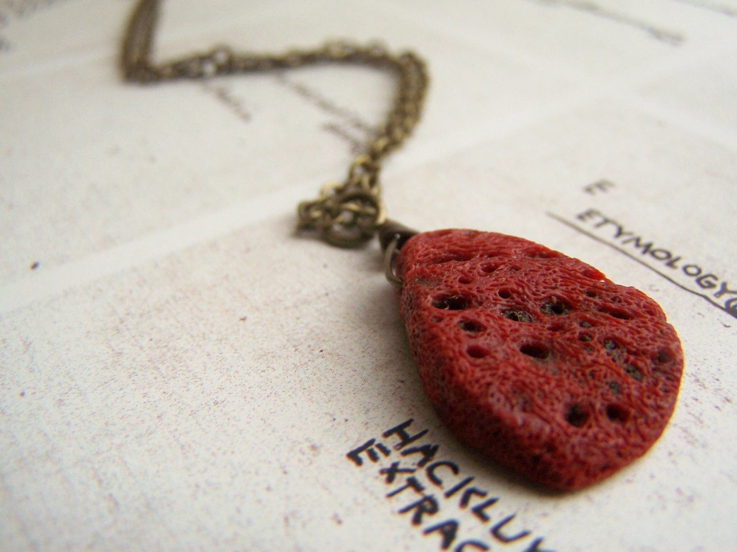 DHARA necklace - coral pendant on antiqued brass chain