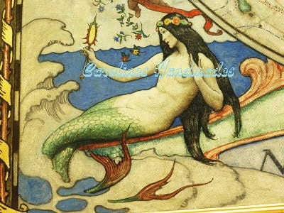 Vintage Mermaid Reproduction Cotton Fabric Art Print 3.75X5" Applique