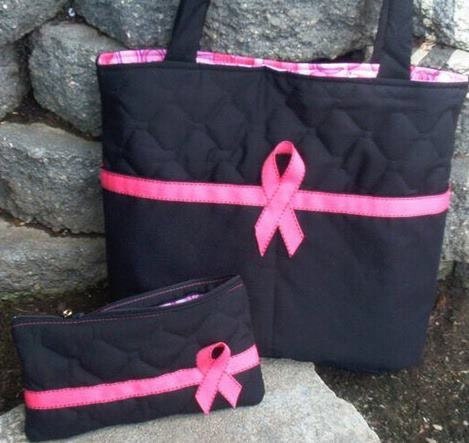 Breast Cancer Awareness Tote Bag / Matching Small Bag / Purse / BLACK and HOT PINK / Handmade