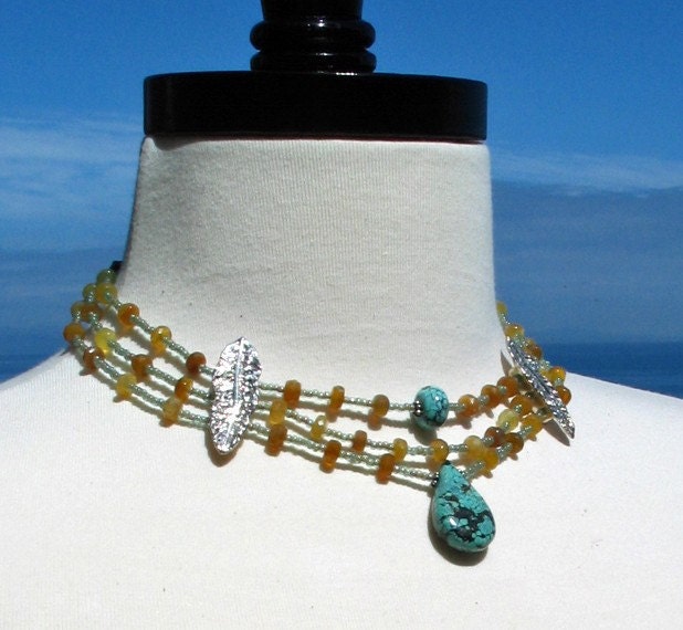 Yellow Opal and Turquoise Drop Collar Necklace - Proud Warrior