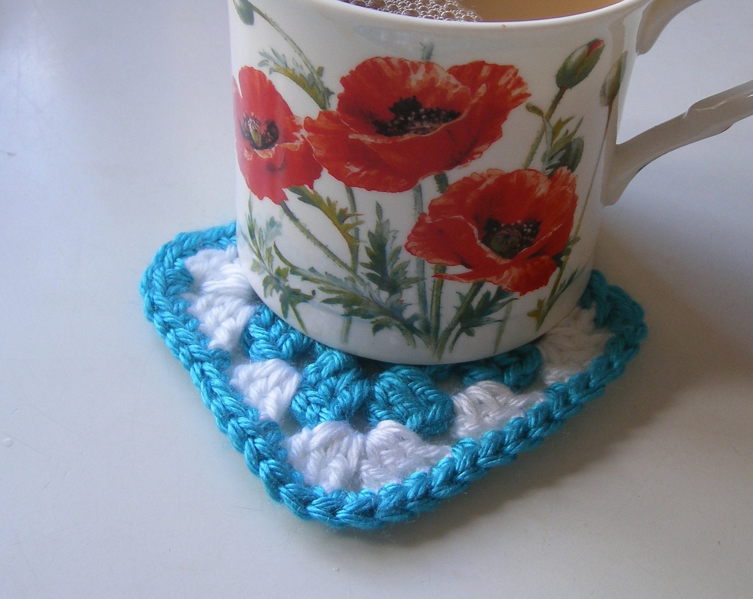 Thick Stylish Granny Square Coasters - Turquoise and White Cotton