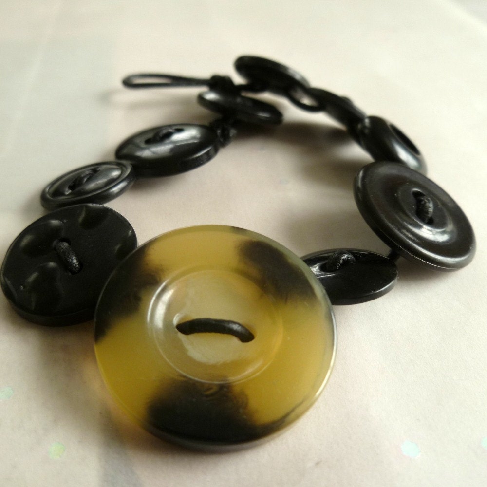 Black Vintage Button Bracelet on Leather