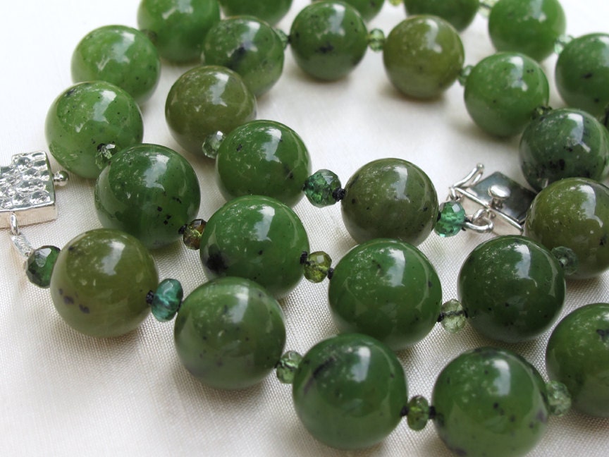 Olive Green Jade Tourmaline Hand Knotted Necklace Sterling Clasp 12MM