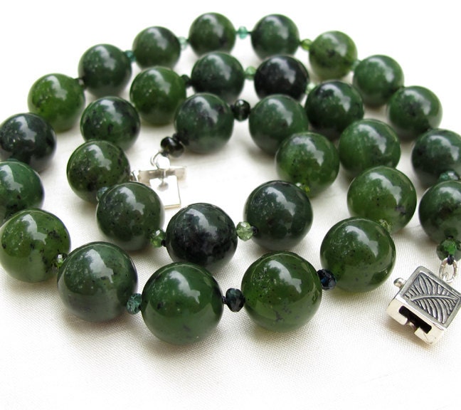 Forest Green Jade Tourmaline Classic Necklace Sterling Silver Hand Knotted