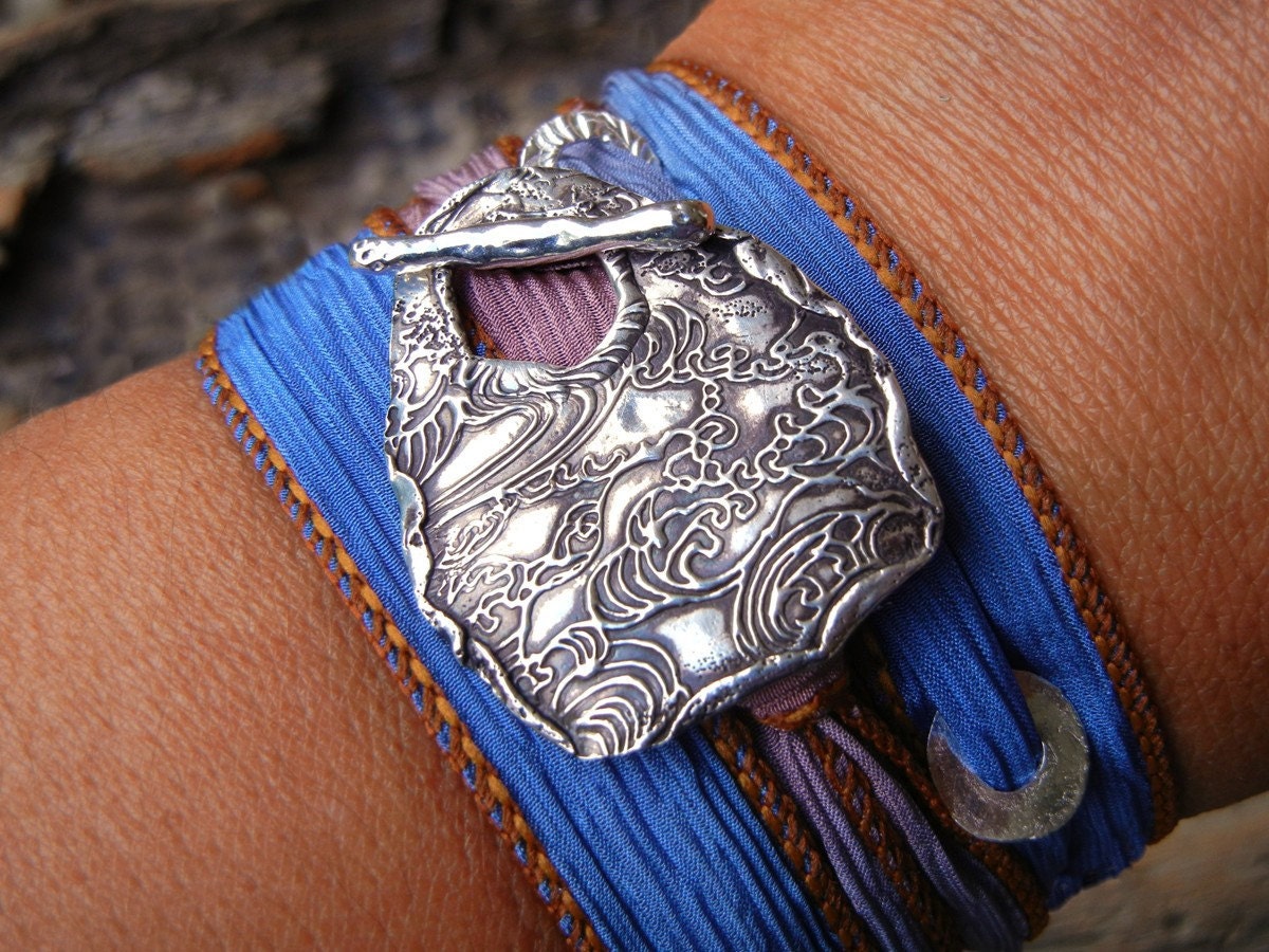 Water Jewelry, Waves on the Sea Water Bracelet, Sterling Silver and Fine Silver Toggle Clasp on Blue n Brown Silk Ribbon Wrap Bracelet