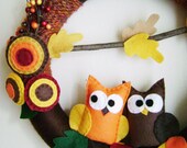 Felt and Yarn Wreath - Autumn Harvest Owls - Made to Order -  Fall Leaves Brown Orange Gold