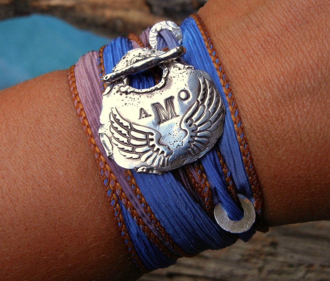 Hand Stamped Jewelry, Silver Monogram Bracelet, Personalized Gift, Custom Initials, Angel Wings, Silk Ribbon Bracelet, Sapphire Royal Blue