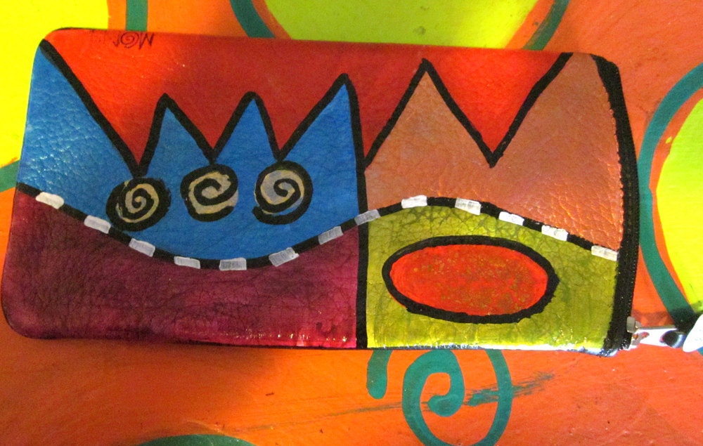 Hand Painted leather Eye glass Case Double zipper ooak