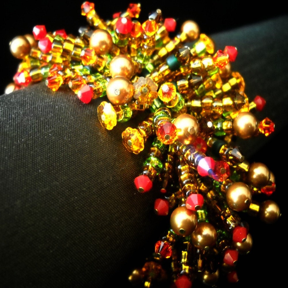 Autumn Caterpillar Bracelet and Ring - Swarovski Crystals -  (WJ)  - Handmade Jewelry