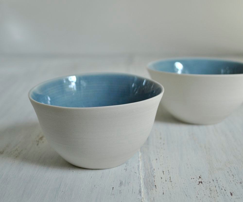 Pottery Bowl Set of Two in White and Sapphire Blue Porcelain