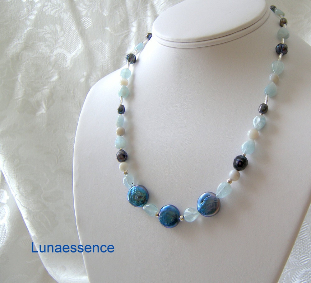 Aquamarine Hearts Peacock Blue Coin Pearl Necklace